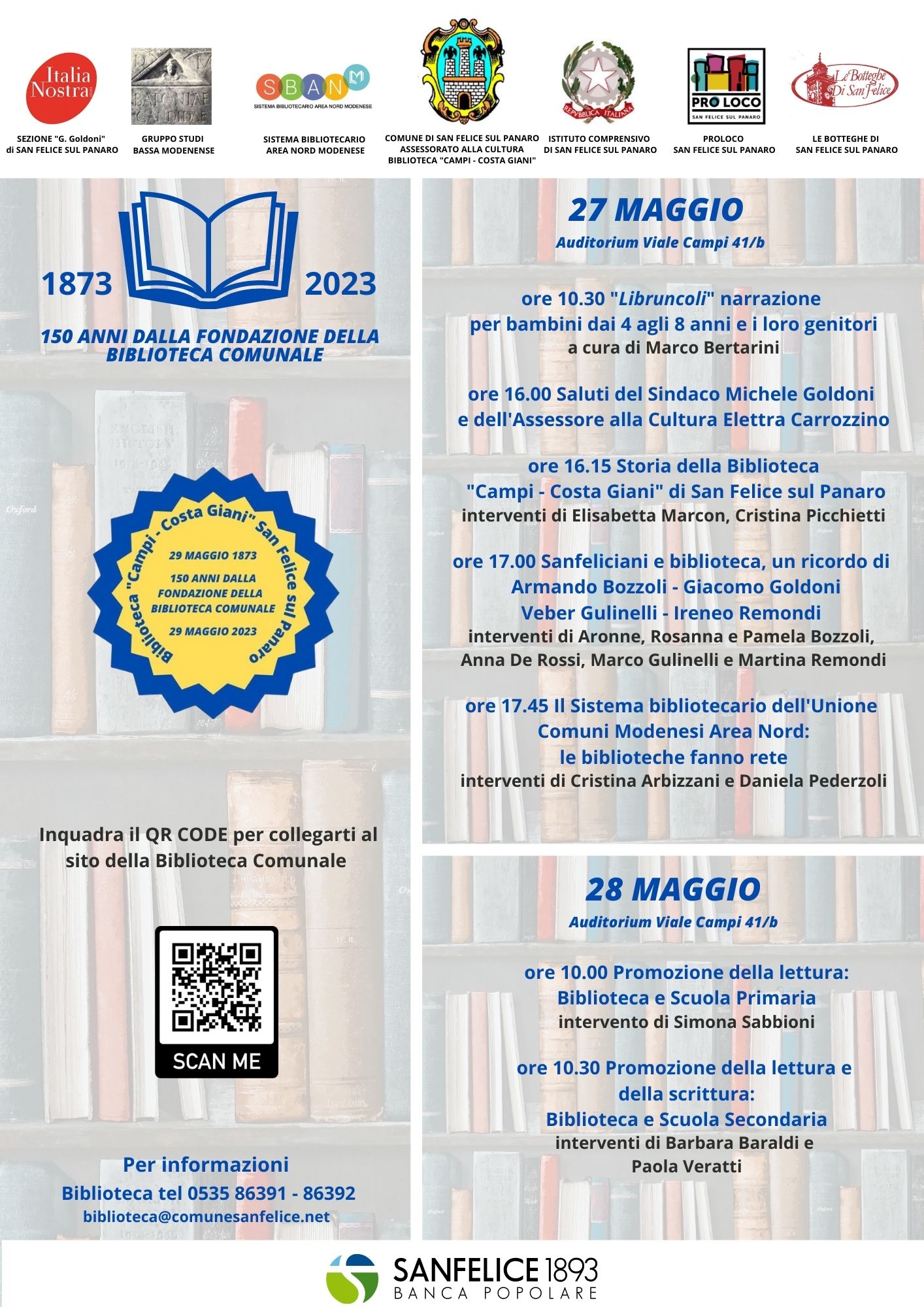 29 MAGGIO 1873 &ndash; 29 MAGGIO 2023: LA BIBLIOTECA DI SAN FELICE SUL PANARO COMPIE 150 ANNI