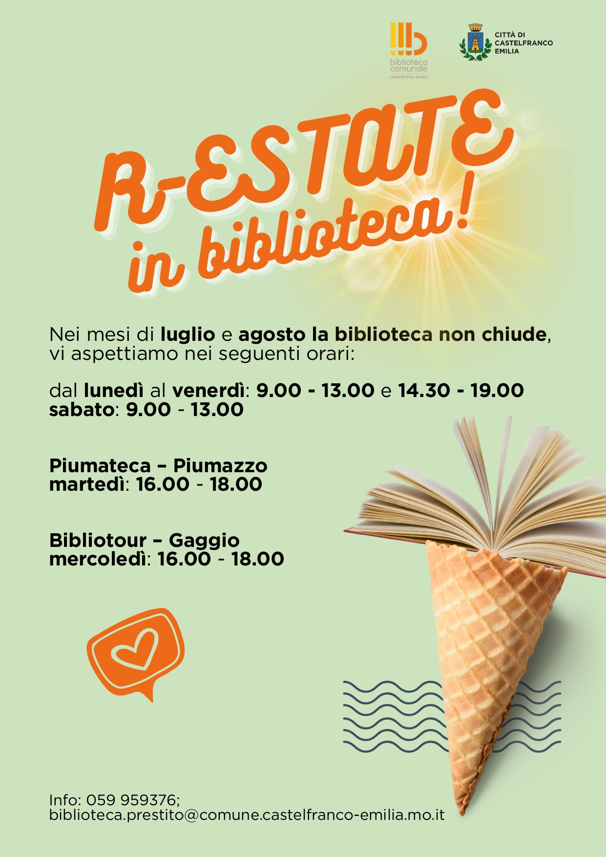 NUOVO ORARIO ESTIVO DELLA BIBLIOTECA LEA GAROFALO DI CASTELFRANCO EMILIA