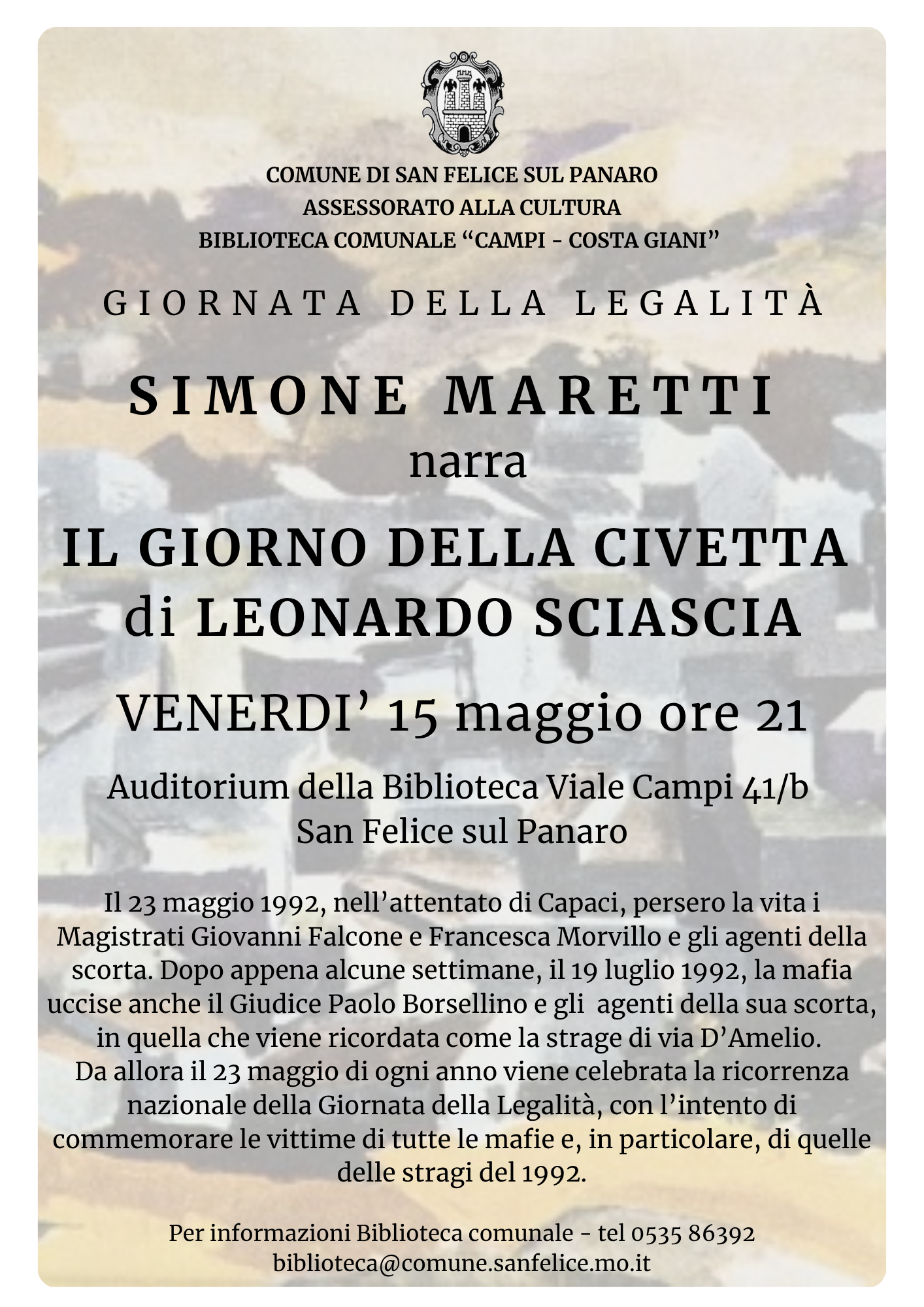 GIORNATA DELLA LEGALITA&rsquo;: SIMONE MARETTI NARRA &ldquo;IL GIORNO DELLA CIVETTA&rdquo; DI LEONARDO SCIASCIA